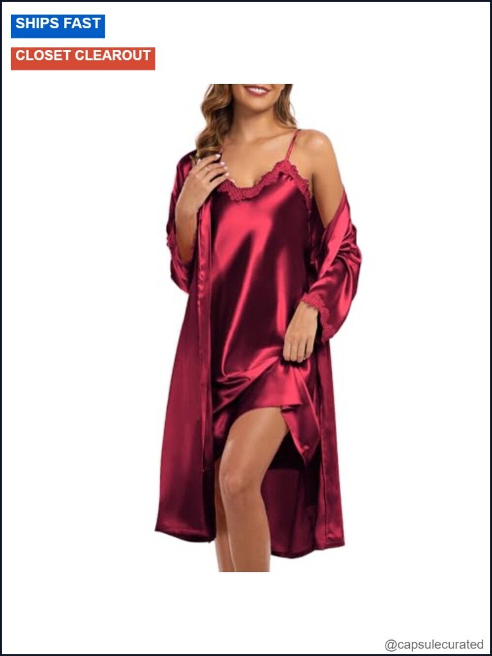 Satin Nightgown with Robe Set – 2 Piece Sleepwear Lingerie with Adjustable